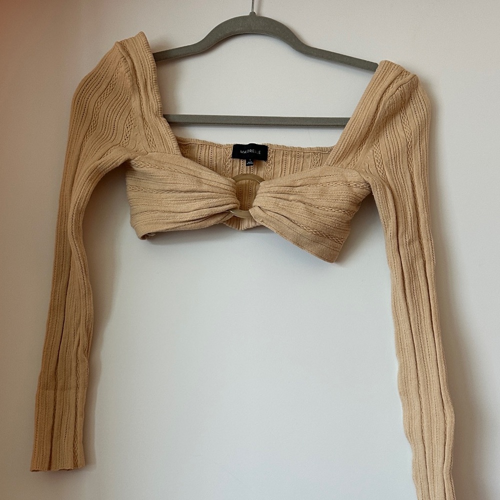 MAJORELLE Beige Ribbed Twist-Front Long Sleeve Crop Top